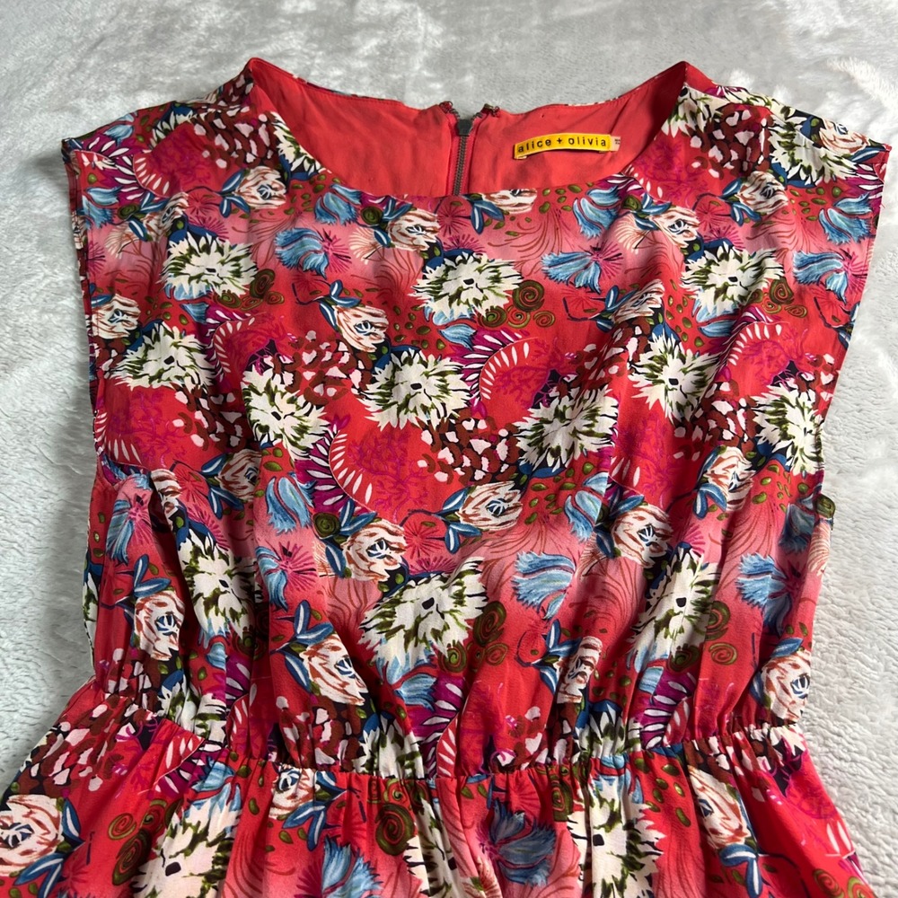 Alice + Olivia Women 0? Mini Dress Red Floral Silk Blend Elastic Sleeveless